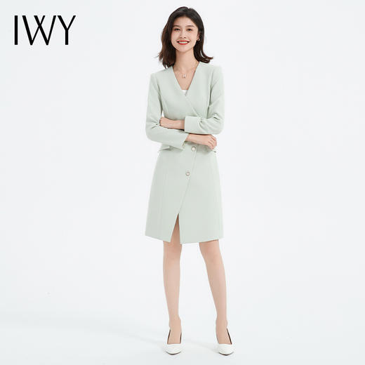 IWY/绿色西装连衣裙女秋气质干练职场职业裙装设计感V领Q13303 商品图0