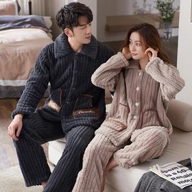 秋冬季法兰绒情侣睡衣女长袖加厚加绒翻领开衫珊瑚绒男士家居服