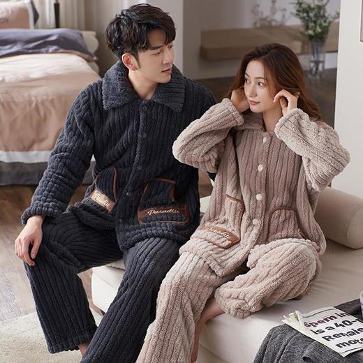 秋冬季法兰绒情侣睡衣女长袖加厚加绒翻领开衫珊瑚绒男士家居服 商品图0