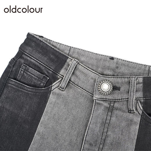 oldcolour复古高腰牛仔裤冬季新款设计感拼接长款微喇裤O41113148 商品图3
