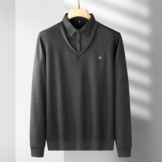 【圈】【加绒假两件】【新款DDS】大依优型大码加绒长袖Polo衫假两件弹力加肥加大胖子上衣男士T恤肥佬打底男装 商品图2