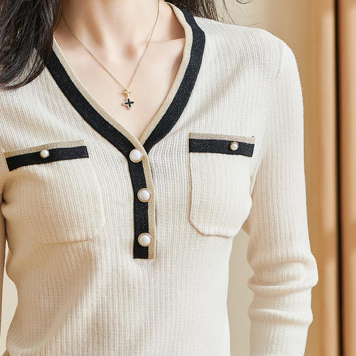 米思阳2026春季新款知性气质拼色针织衫v领花边长袖微弹上衣2651 商品图4