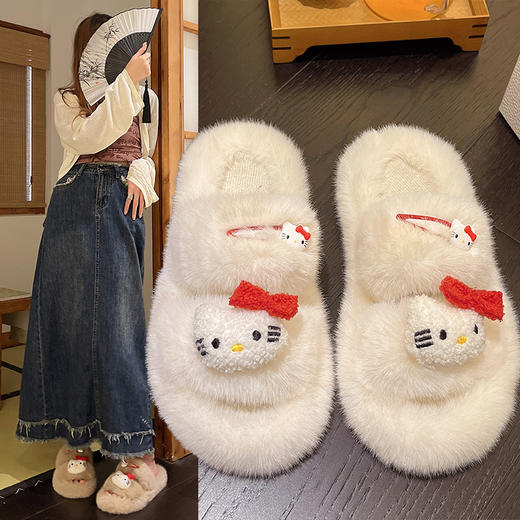 2023年秋冬季，网红一字带毛拖女，热卖爆款！时尚外出仙女风，厚底舒适，演绎潮流新潮！ 商品图1