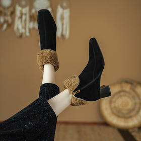 【预售5天】羊反绒方头粗跟侧拉链短靴，法式复古羊羔毛高跟棕色靴PS2111