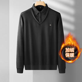 【圈】【加绒假两件】【新款DDS】大依优型大码加绒长袖Polo衫假两件弹力加肥加大胖子上衣男士T恤肥佬打底男装