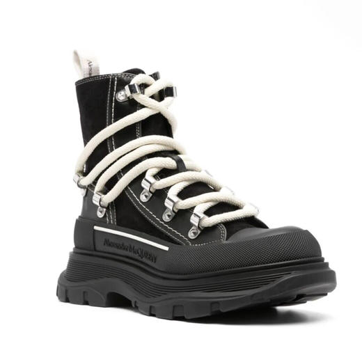 ALEXANDER MCQUEEN 亚历山大.麦昆 女士皮革字母徽标压花系带中靴 黑色 766899 WIED4 1694 商品图1