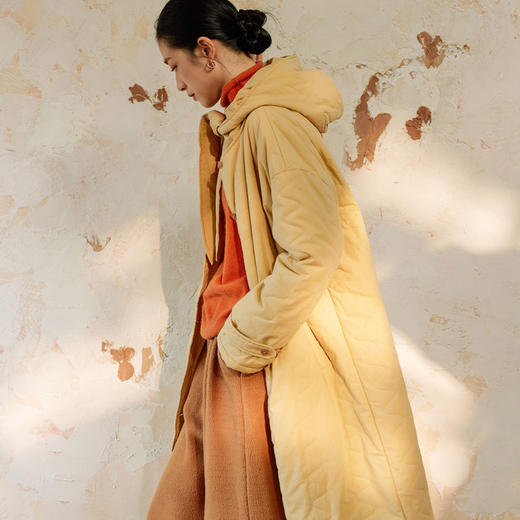 绽放834/浅黄咖可拆卸连帽落肩长袖显瘦波浪绗线长款棉衣棉服外套 商品图2