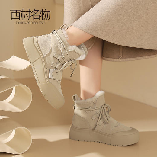 西村名物2023秋冬季新款加绒加厚防滑保暖女厚底面包鞋雪地靴真皮T23DS46161 商品图4