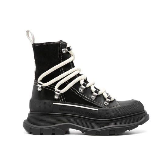 ALEXANDER MCQUEEN 亚历山大.麦昆 女士皮革字母徽标压花系带中靴 黑色 766899 WIED4 1694 商品图0