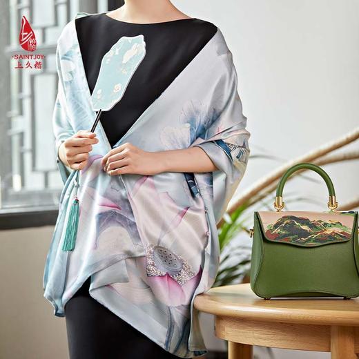SAINTJOY/上久楷女式真丝披肩 合乐连年·灰绿色 PJS20002 商品图2
