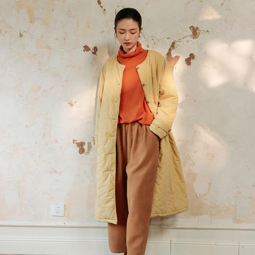 绽放834/浅黄咖可拆卸连帽落肩长袖显瘦波浪绗线长款棉衣棉服外套 商品图1