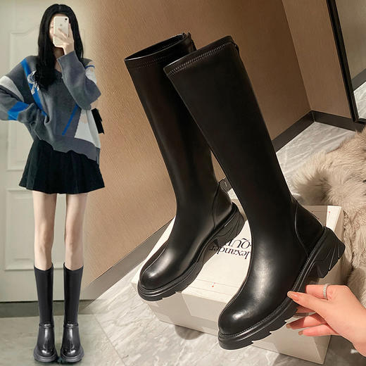 ZHR骑士靴女2023秋季新款简美圆头休闲百搭潮流厚底长筒靴女 商品图0
