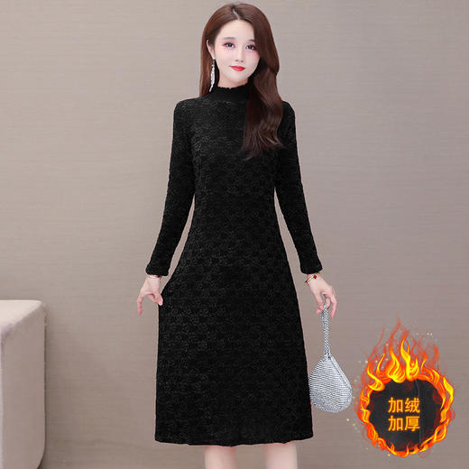 中长款加绒时尚连衣裙，秋冬款半高领通勤修身大码内搭打底裙QYM-OMS-CB0220-L 商品图1