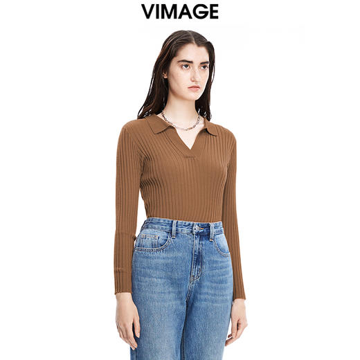 VIMAGE纬漫纪秋季新款款时尚百搭纯色V领针织衫女上衣套头V1601214 商品图8