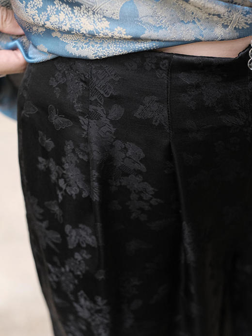盛唐牡丹 | 真丝提花蝶恋花阔腿裤黑色 平腰版 商品图6