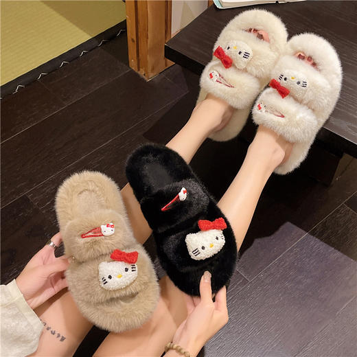 2023年秋冬季，网红一字带毛拖女，热卖爆款！时尚外出仙女风，厚底舒适，演绎潮流新潮！ 商品图2