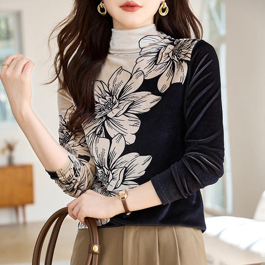 金丝绒内搭T恤，冬季新款印花加绒加厚洋气减龄显瘦打底衫KQL-A35N5387 商品图1