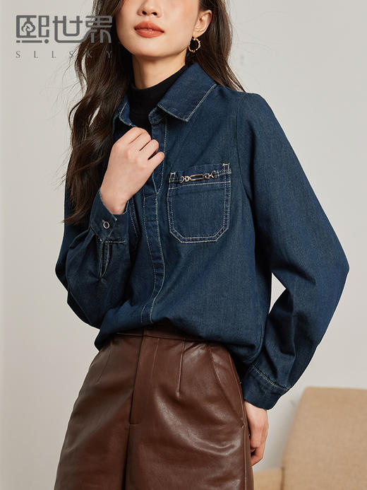 【99元福袋，不支持退换】熙世界假两件长袖牛仔衬衫女秋冬设计感叠穿衬衣上衣 商品图0