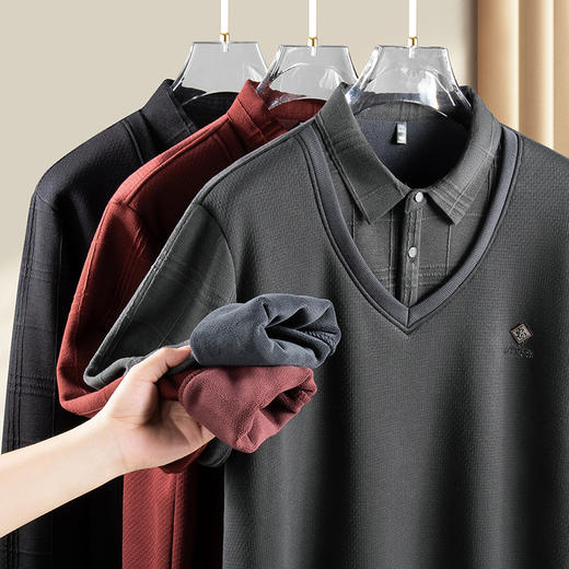 【圈】【加绒假两件】【新款DDS】大依优型大码加绒长袖Polo衫假两件弹力加肥加大胖子上衣男士T恤肥佬打底男装 商品图1