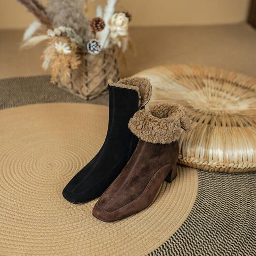 【预售5天】羊反绒方头粗跟侧拉链短靴，法式复古羊羔毛高跟棕色靴PS2111 商品图4