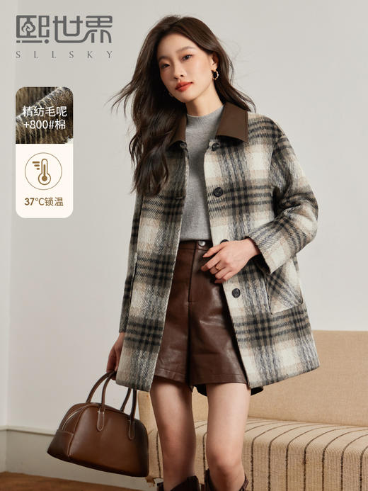 【年终特卖】熙世界英伦风格纹毛呢外套女高级感炸街翻领夹棉大衣 商品图0