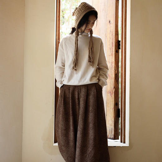 绽放822朵/高端深咖色羊毛混纺复古提花休闲宽松文艺百搭阔腿裤子 商品图1