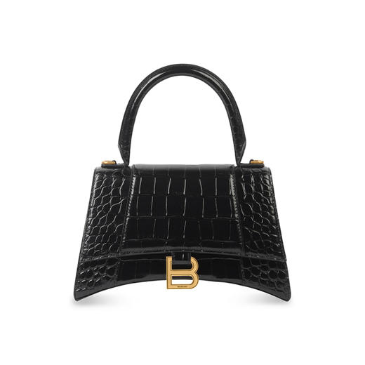 BALENCIAGA 巴黎世家 女士 HOURGLASS 鳄鱼纹压纹小号手提包 黑色 593546 1LRGM 1000 商品图0