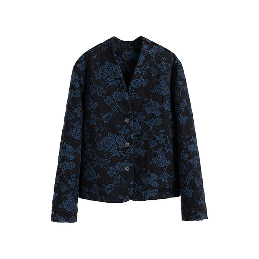 绽放848朵/高端浮雕提花羊毛棉服蓝黑花时尚复古显瘦短外套西装 商品图3