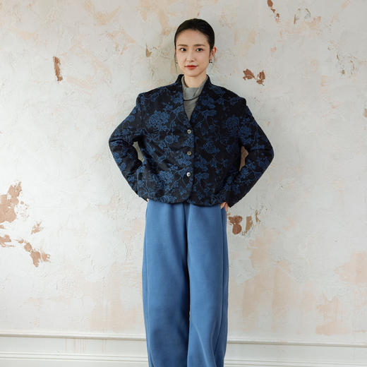 绽放848朵/高端浮雕提花羊毛棉服蓝黑花时尚复古显瘦短外套西装 商品图2