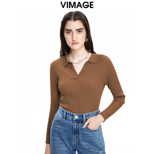 VIMAGE纬漫纪秋季新款款时尚百搭纯色V领针织衫女上衣套头V1601214 商品图0