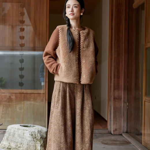 绽放822朵/高端深咖色羊毛混纺复古提花休闲宽松文艺百搭阔腿裤子 商品图2