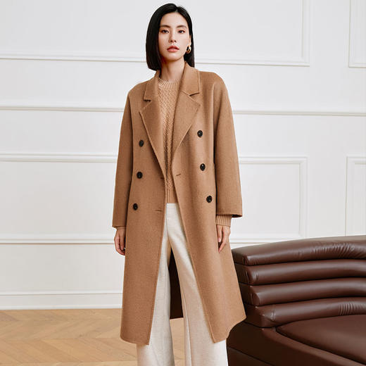 玳莎高端驼绒双面呢大衣女2023年冬季新款气质收腰中长款毛呢外套  DD39309 商品图1