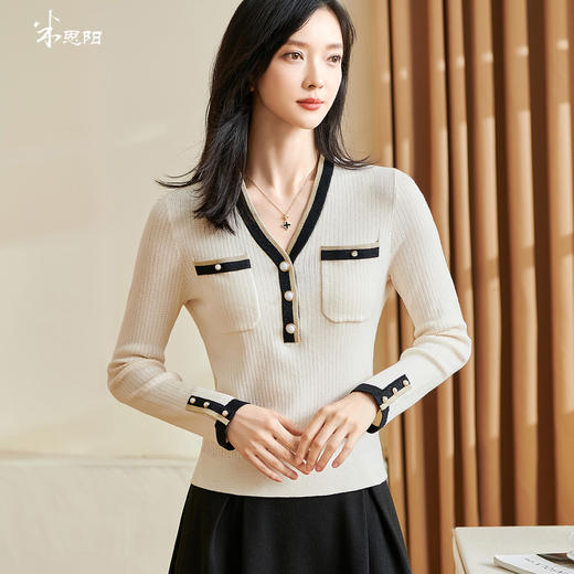 米思阳2026春季新款知性气质拼色针织衫v领花边长袖微弹上衣2651 商品图0