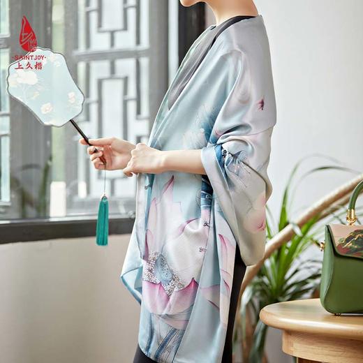 SAINTJOY/上久楷女式真丝披肩 合乐连年·灰绿色 PJS20002 商品图1