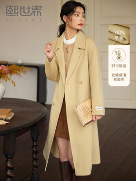 【年终特卖】熙世界80支100%初剪羊毛大衣女秋冬双面羊绒毛呢外套