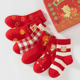 Caramella龙年儿童袜子鱼跃龙门6双礼盒装 男女可穿大红色新年中筒袜 龙年卡通童袜