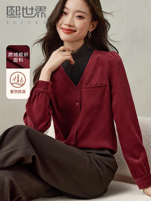 【99元福袋，不支持退换】熙世界假两件半高领拼接磨毛衬衫女秋冬衬衣套头上衣 商品图0