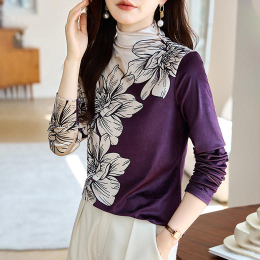金丝绒内搭T恤，冬季新款印花加绒加厚洋气减龄显瘦打底衫KQL-A35N5387 商品图2