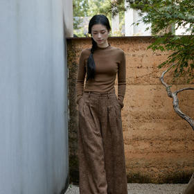 绽放822朵/高端深咖色羊毛混纺复古提花休闲宽松文艺百搭阔腿裤子