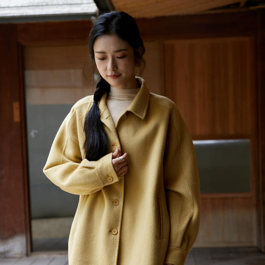 绽放868朵/嫩黄色减龄羊羔毛驼绒双面呢大衣简约大气通勤百搭外套 商品图0