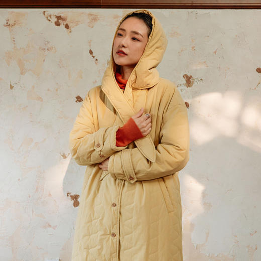 绽放834/浅黄咖可拆卸连帽落肩长袖显瘦波浪绗线长款棉衣棉服外套 商品图0