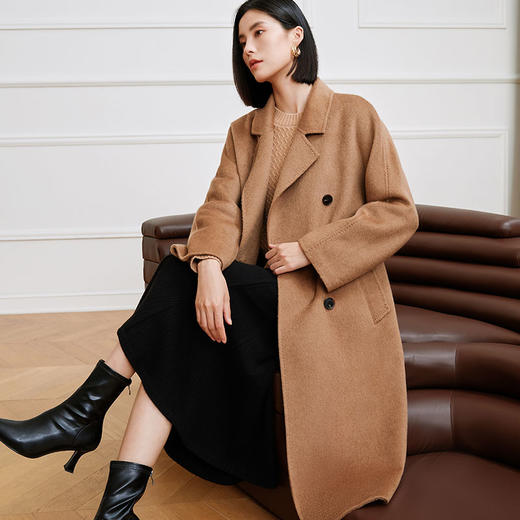 玳莎高端驼绒双面呢大衣女2023年冬季新款气质收腰中长款毛呢外套  DD39309 商品图0