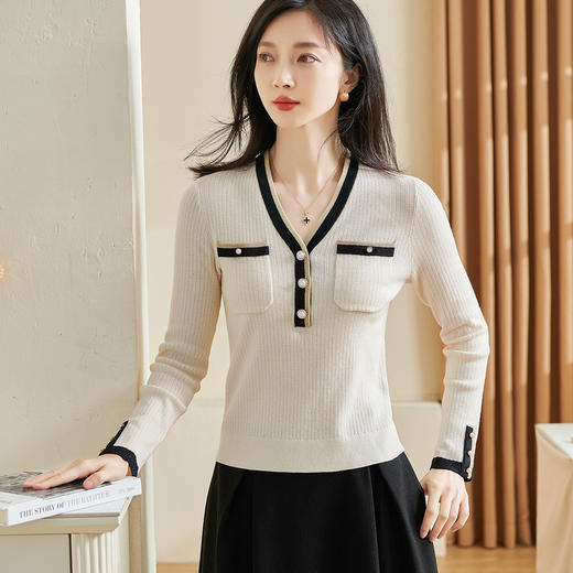 米思阳2026春季新款知性气质拼色针织衫v领花边长袖微弹上衣2651 商品图1