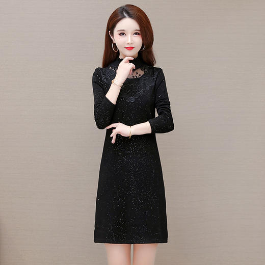 黑色时尚中长款加绒连衣裙，秋冬款半高领长袖修身通勤打底裙QYM-OMS-CB1229-L 商品图0