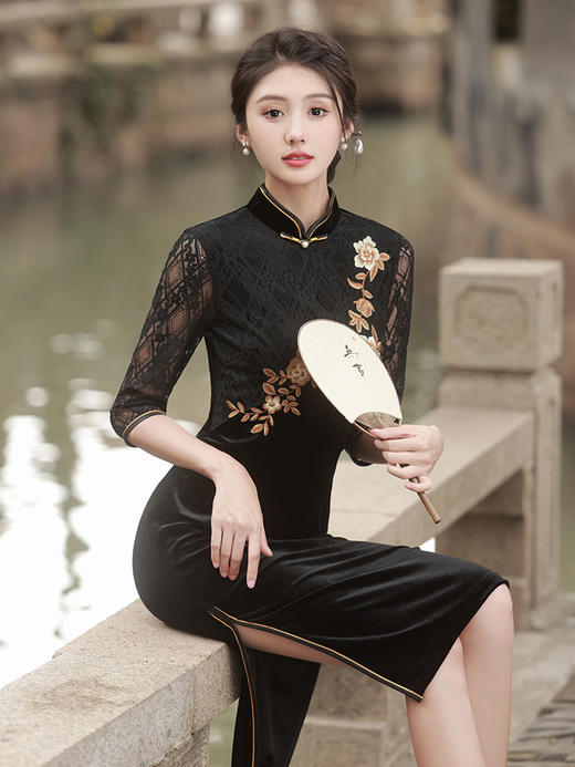 新款金丝绒七分袖中长款蕾丝改良刺绣旗袍GR5087 商品图3