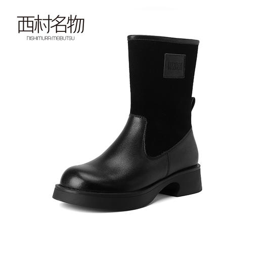 西村名物2023秋冬新款百搭厚底中跟圆头牛皮面瘦瘦马丁靴T23DS46221 商品图1