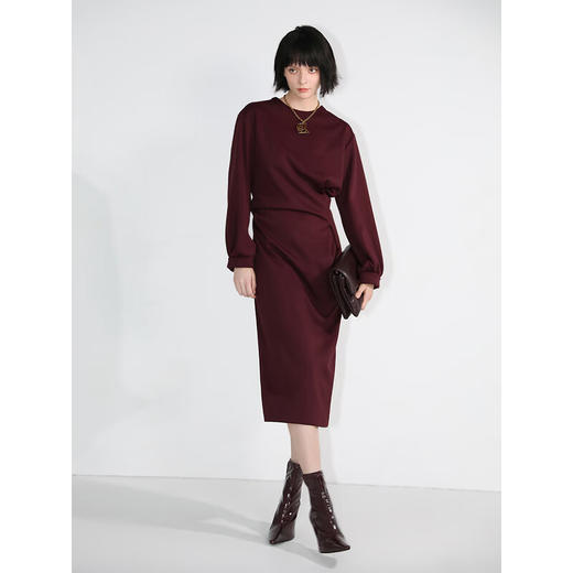 COCOBELLA[安哥拉红]设计感立体捏褶连衣裙女秋冬气质长裙FR935 商品图1