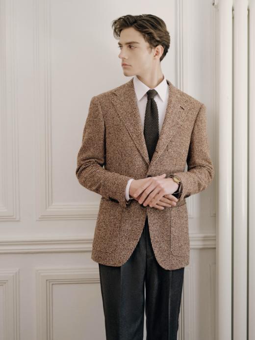 IL CERVO Super 120's 澳洲美丽诺羊毛棕色格纹全麻衬单西 商品图0