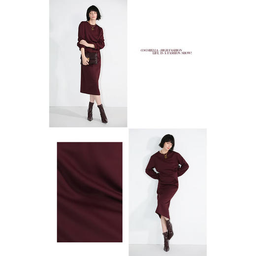 COCOBELLA[安哥拉红]设计感立体捏褶连衣裙女秋冬气质长裙FR935 商品图2