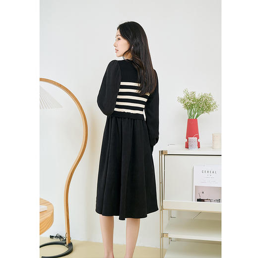NEELLY纳俪条纹撞色连衣裙女秋冬新款中长款休闲气质内搭打底长裙N23104Y05522 商品图3